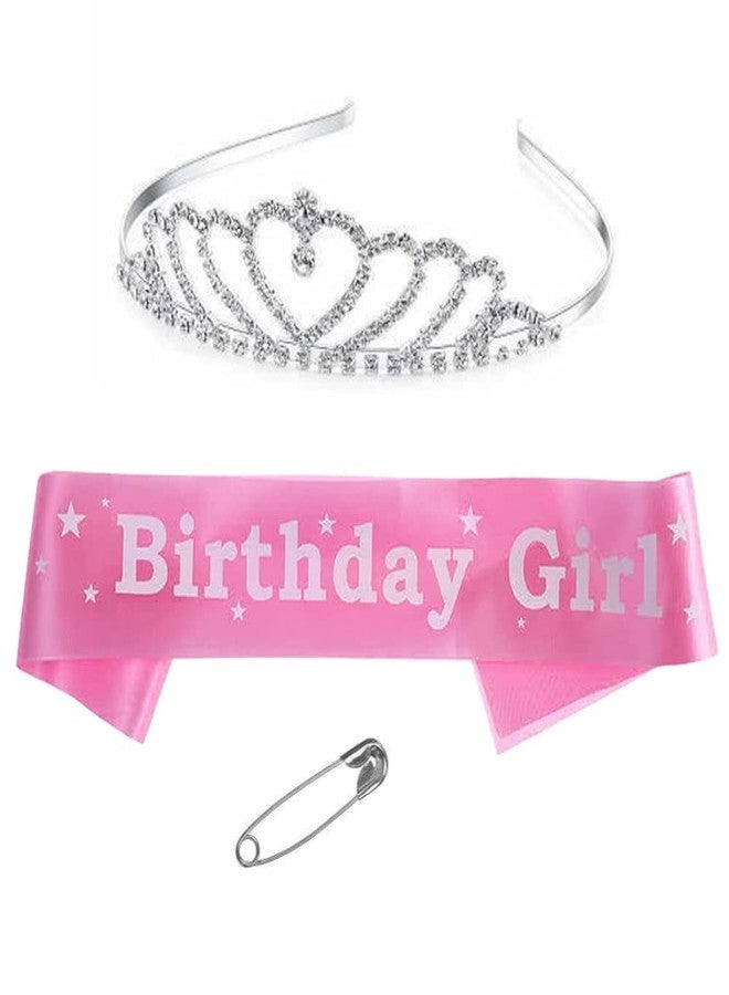 DECOFY Birthday Sash & Crown Set | Princess Queen Tiara Crowns Taj HairBand For Kids Girls & Womens (3 Pc Set- With Pin-PINK) - Image 1